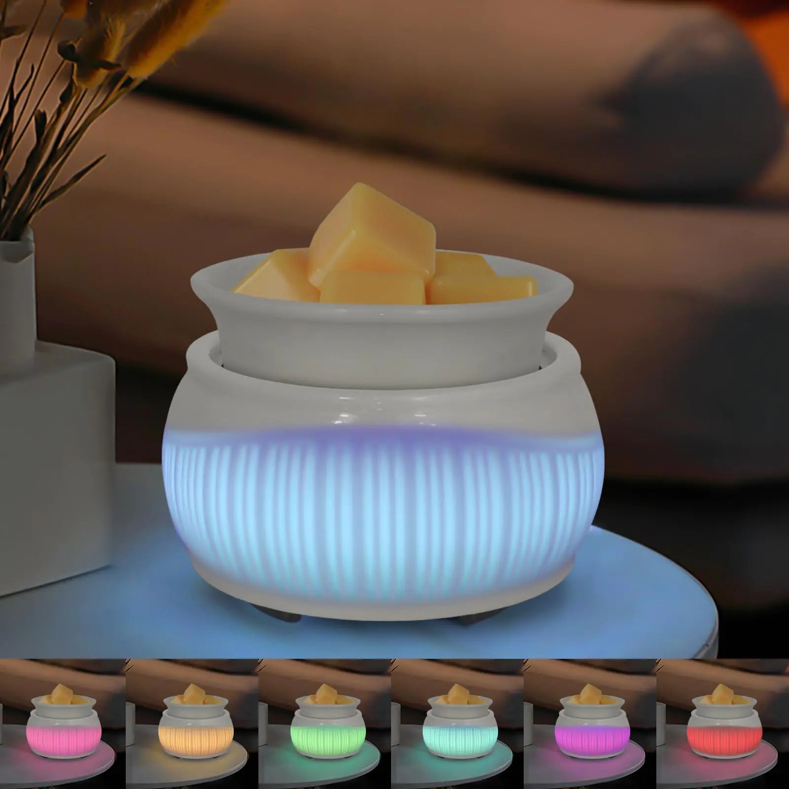 Ceramic Wax Melt Warmer for Scented Wax Warmer with 7 Colors LED Ambiance Light 3-in-1 Electric Fragrance Candle Wax Burner for Home Office Deco Valentines Day Birthday Gifts for Women(White-02)